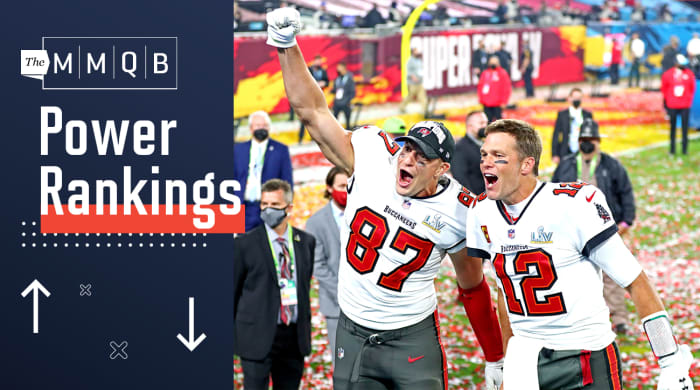 Tom Brady and Rob Gronkowski celebrate the Buccaneers' Super Bowl LV win.